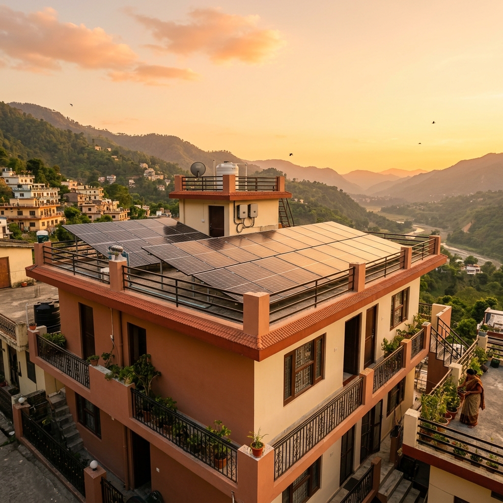 Modern solar panels on a residential rooftop in India under amber sunlight